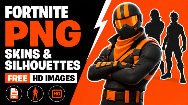 A collection of high-definition Fortnite SVG icons in a grid, including the Battle Bus, Loot Llama, Victory Royale crown, and various weapon silhouettes.