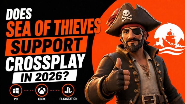 Sea of Thieves 2026 gameplay showing a cross-platform crew of PlayStation 5, Xbox Series X, and PC players sailing a Galleon together.