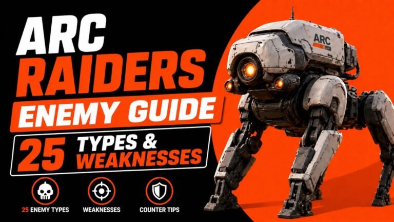 A massive digital collage of 25 ARC Raiders enemies, ranging from small Ticks and Pops to the towering ARC Turbine, Queen, and Matriarch bosses.