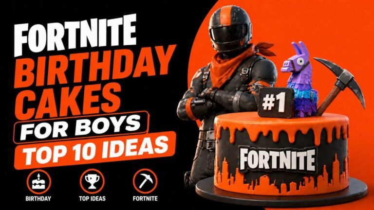 A two-tier Fortnite-themed birthday cake for a boy's party, featuring blue fondant, edible camouflage, a fondant Loot Llama on top, edible pickaxes and V-Bucks, with the text "HAPPY 10TH BIRTHDAY LIAM".