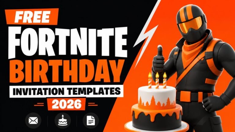 A digital Fortnite birthday invitation featuring popular skins like Midas, Peely, and the Battle Bus against a purple storm background, with editable text for the party date and location.
