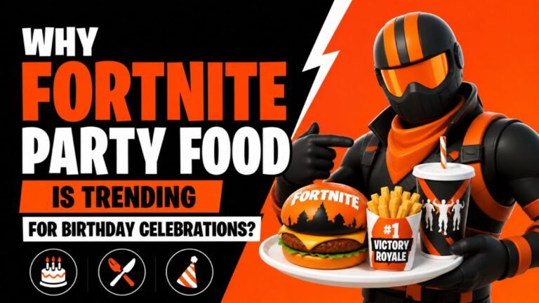 A colorful snack table at a Fortnite party featuring "Slurp Juice" blue Gatorade, "Medkit" Rice Krispie treats with red frosting crosses, and "V-Bucks" chocolate coins.