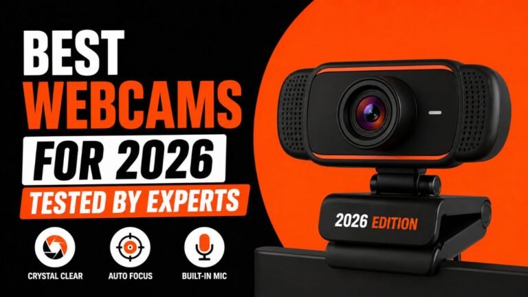 A comparison layout featuring four distinct webcams from 2026, including models with ring lights and different mounts, arranged on a desk.