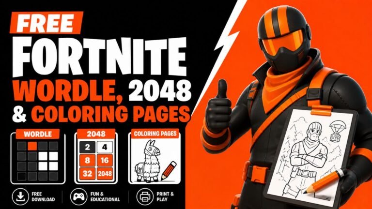 A screenshot of Fortle, the Fortnite Wordle clone, showing a 5-letter word grid with purple and orange tiles, featuring a "Victory Royale" message at the bottom.