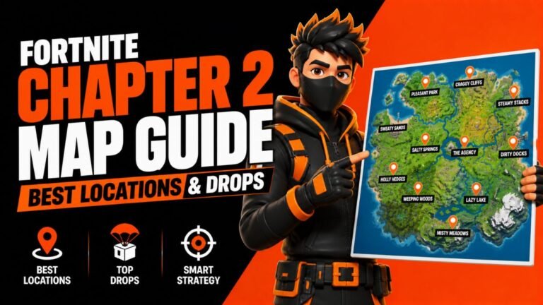 A high-resolution aerial view of the Fortnite Chapter 2 map featuring Agency, Pleasant Park, and Misty Meadows.