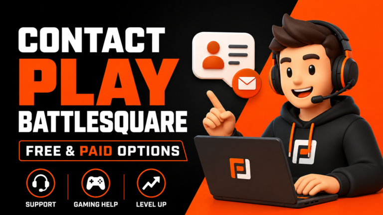 Contact PlayBattleSquare free and paid support options gaming blog featured image with 3D gamer character, headset, gaming help icons, and customer support illustration.