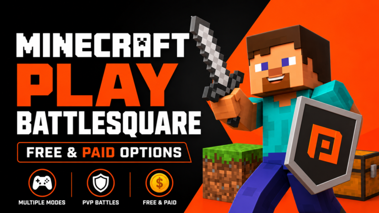 Minecraft PlayBattleSquare featured image with 3D Minecraft-style character, PvP battle elements, free and paid options, and gaming mode icons in orange and black theme.