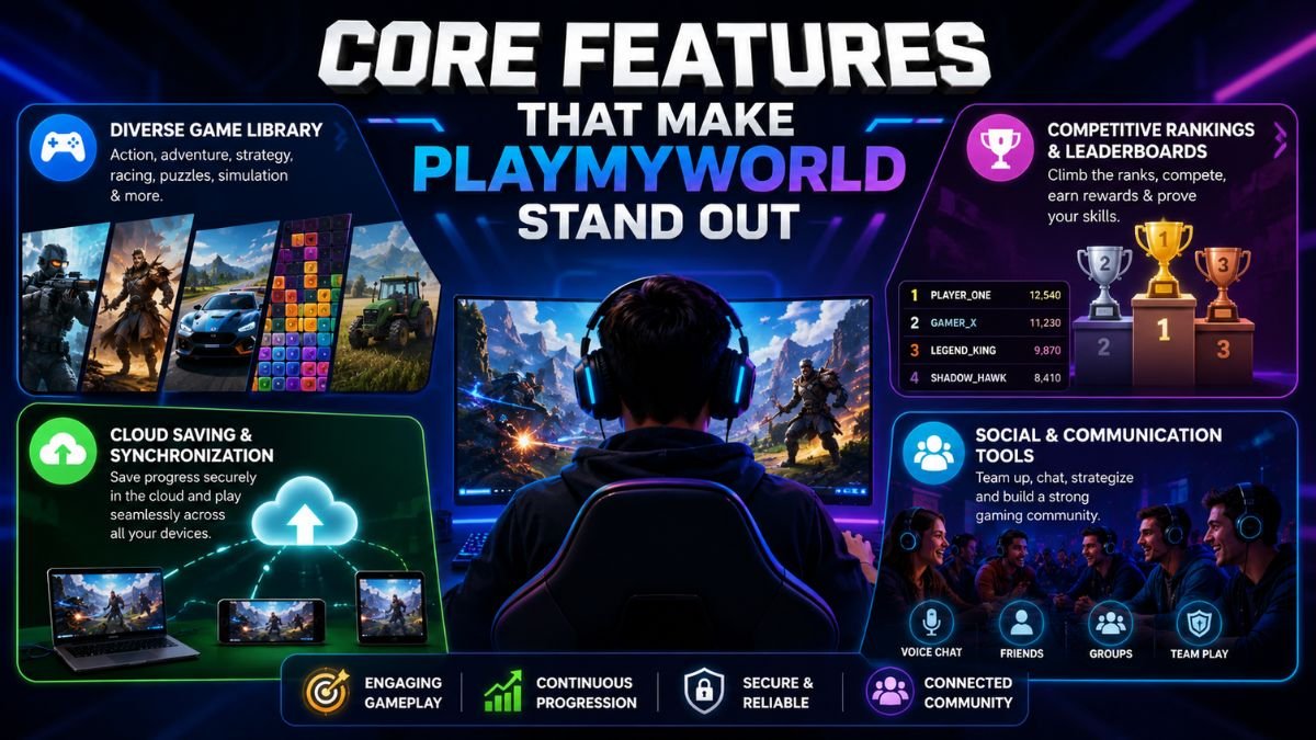Core Features That Make PlayMyWorld Stand Out with game library, leaderboards, cloud sync, and social gaming tools.