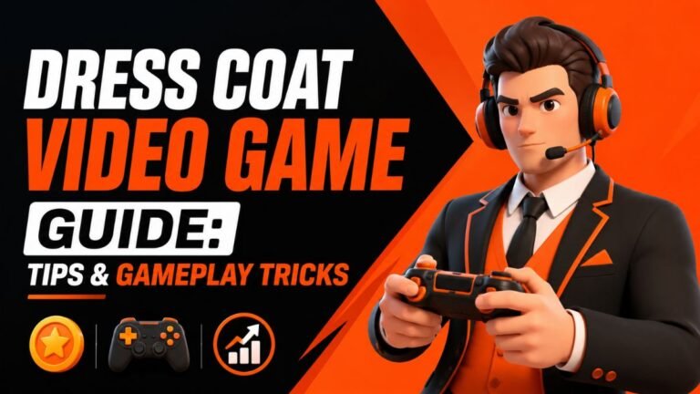 Dress Coat Video Game Guide featured thumbnail with 3D gaming character holding controller and tips & gameplay tricks text in bold orange black design