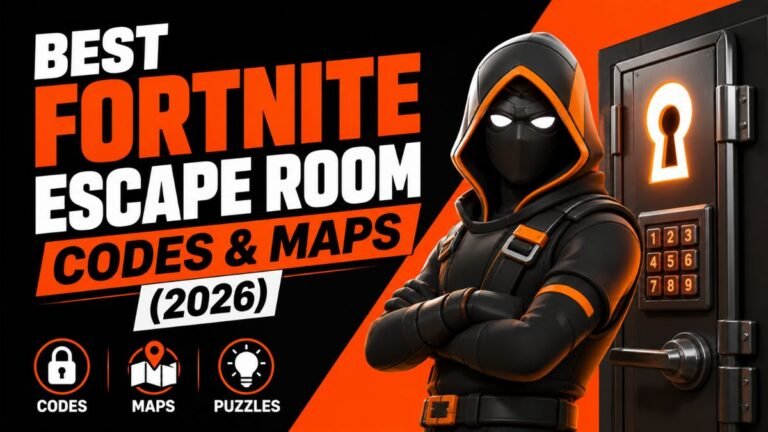 A first-person view inside a detailed Fortnite Escape Room map featuring a neon-lit puzzle room, hidden vents, and a "Level Complete" hologram.