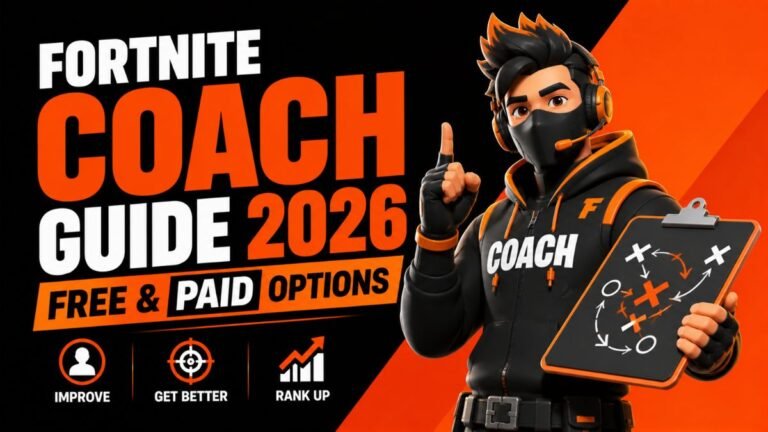 A split-screen image showing a professional Fortnite coach providing a VOD review for a student, with on-screen annotations highlighting piece control and rotation paths during an FNCS endgame.