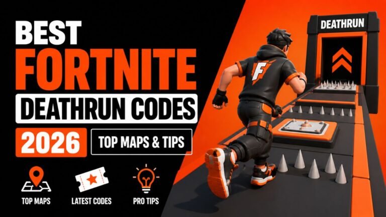A colorful preview of a 1000-level Fortnite Deathrun map featuring neon obstacles, spinning traps, and a massive "Level 1" starting gate in a high-quality Creative 2.0 environment.