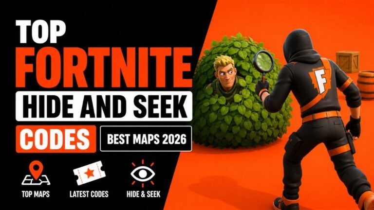 : A wide-angle cinematic shot of a Fortnite Hide and Seek "Prop Hunt" match in a highly detailed UEFN mansion, featuring players transformed into furniture and seekers using specialized scanning tools.