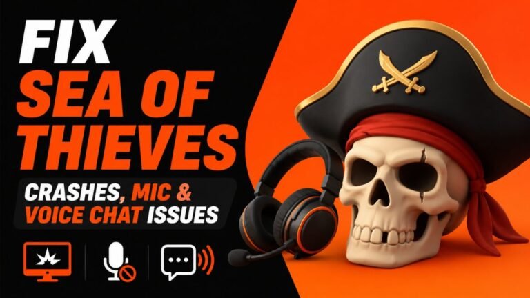 Fix Sea of Thieves crashes, mic, and voice chat issues gaming guide thumbnail with 3D headset and pirate-themed vector illustration