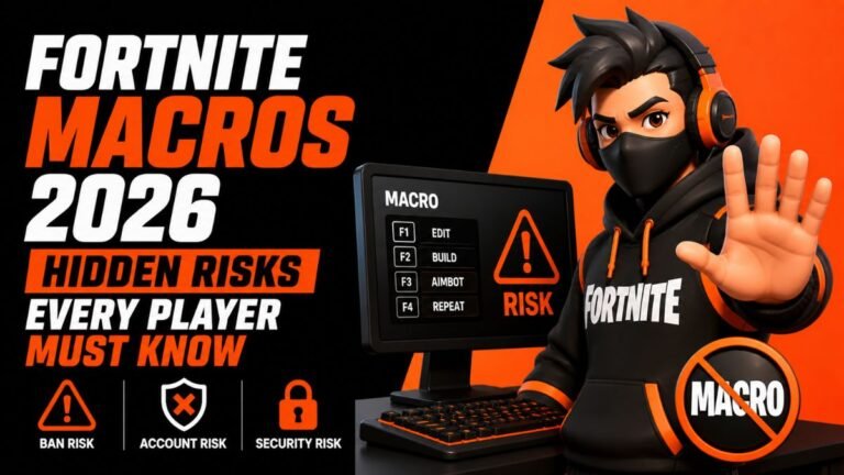 Fortnite macros 2026 risks guide showing ban, account, and security warnings