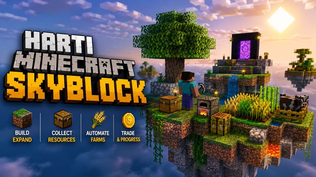 Harti Minecraft Skyblock floating island with farms, resources, and survival progression