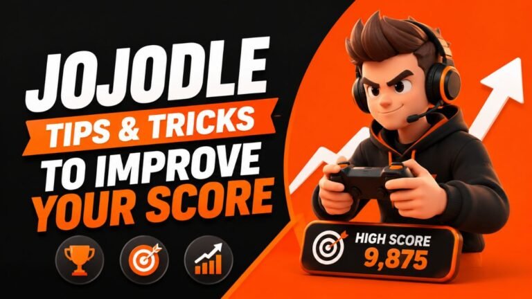 JoJodle tips and tricks gaming guide featured image showing 3D gamer character, score boost arrow, and bold orange black design