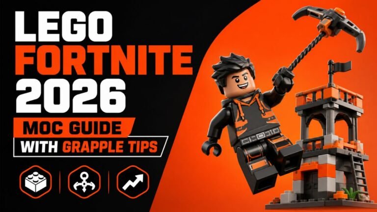 LEGO Fortnite 2026 MOC guide with grappling character and tower