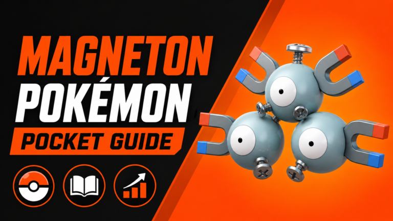 3D vector Magneton Pokemon Pocket Guide gaming thumbnail, orange-black minimalist design