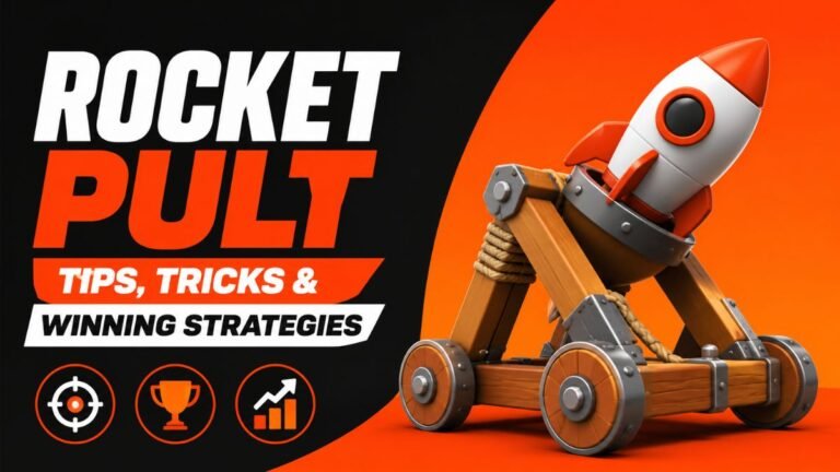Rocket Pult tips, tricks & winning strategies gaming guide featured image with 3D rocket launcher and bold orange-black design