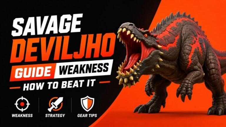 Savage Deviljho guide thumbnail featuring weakness tips and how to beat it in Monster Hunter World Iceborne with bold 3D gaming design and orange-black theme