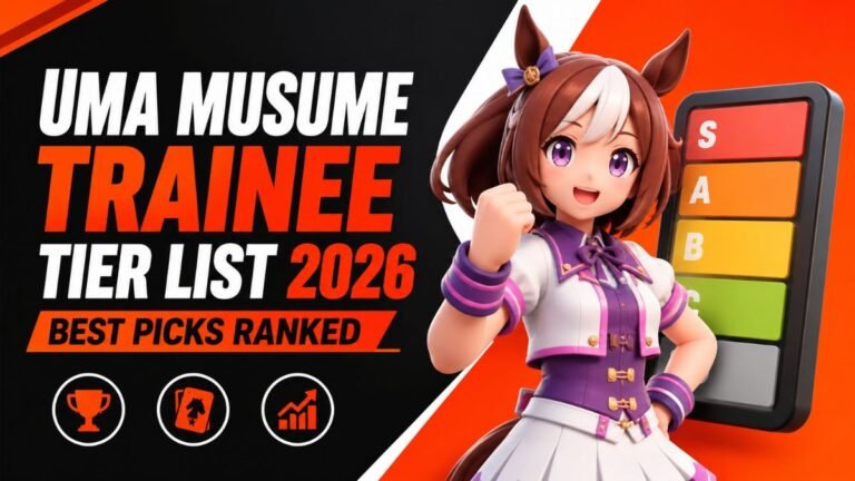 Uma Musume Trainee Tier List 2026 Best Picks Ranked gaming thumbnail featuring ranked tier system and 3D anime-style character on orange black backgroun