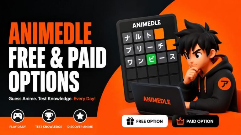 Animedle anime guessing game 3D banner with free and paid options, orange-black theme