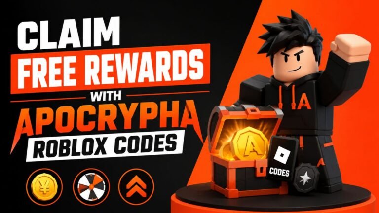 Apocrypha Roblox codes featured image showing free rewards, spins, Yen, and Roblox gaming character with reward chest in orange black theme