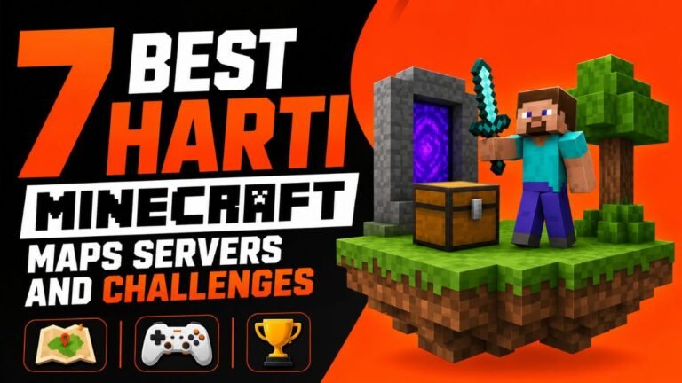 Clean 3D gaming banner for “7 Best Harti Minecraft Maps Servers and Challenges” featuring bold title layout and Minecraft-style scene