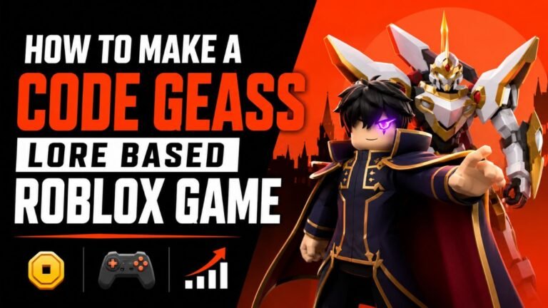 How to make a Code Geass lore based Roblox game featured gaming thumbnail with anime style Roblox character, mecha robot, and bold tutorial title design