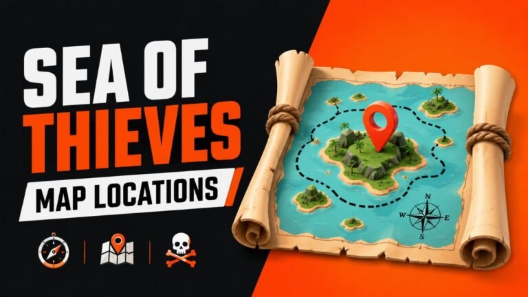 Sea of Thieves map locations guide illustration showing a 3D pirate map with islands, compass, and location pin in a bold orange and black gaming design