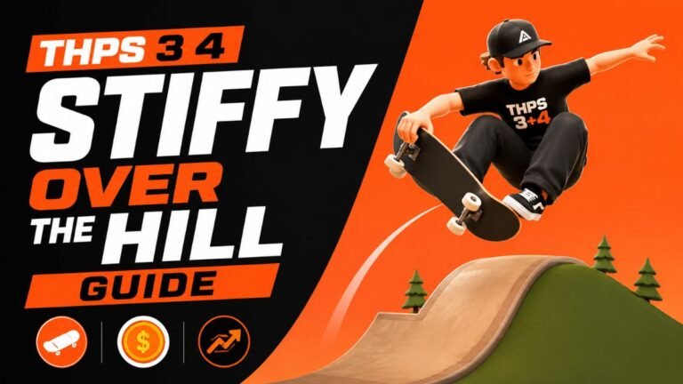 THPS 3 4 Stiffy Over The Hill Guide gameplay thumbnail featuring stylized skater performing aerial trick over Canada hill with bold gaming title design