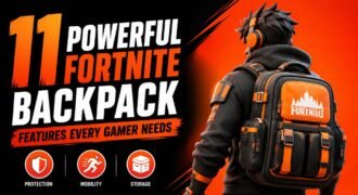 Futuristic Fortnite backpack illustration with bold orange-black design highlighting protection, mobility, and storage features.