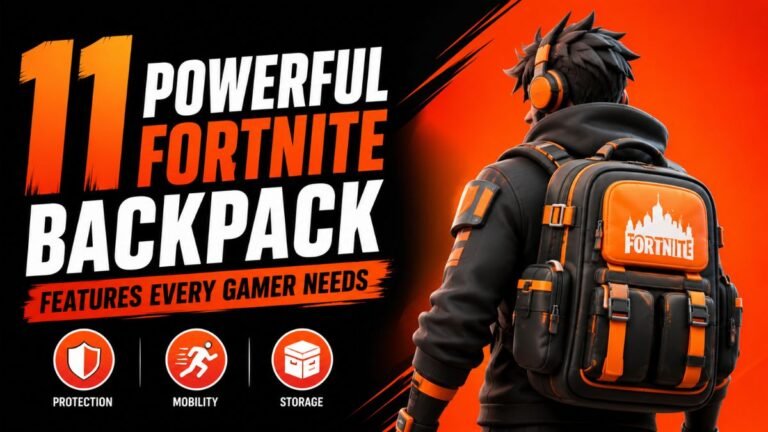 Futuristic Fortnite backpack illustration with bold orange-black design highlighting protection, mobility, and storage features.