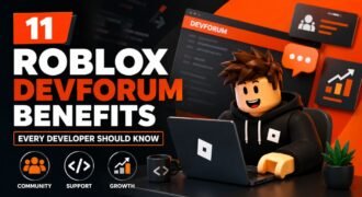 3D Roblox DevForum illustration showing developer growth, collaboration, and community support for game creation.