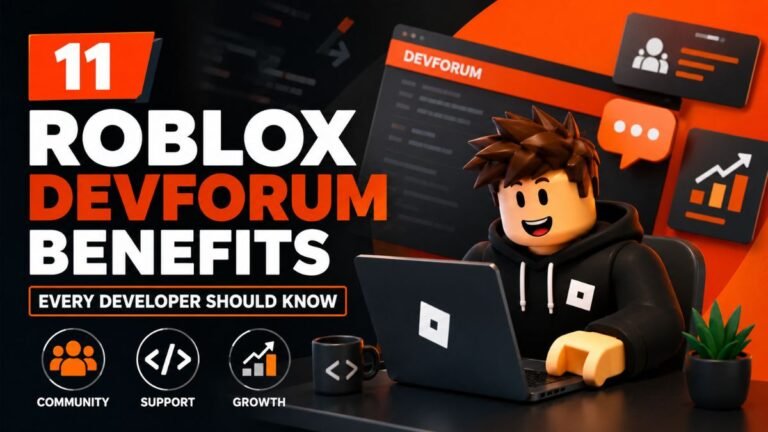 3D Roblox DevForum illustration showing developer growth, collaboration, and community support for game creation.
