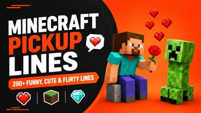 Minecraft pickup lines featured image with funny gamer rizz, Creeper character, hearts, and romantic Minecraft themed chat up lines for gamers.