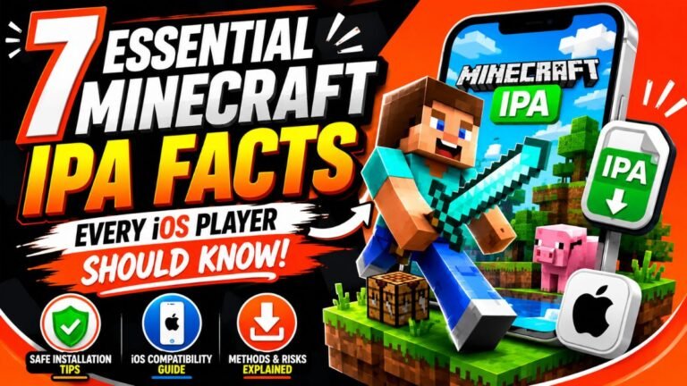 Minecraft IPA guide featured image showing iPhone installation, Minecraft character, and key facts for iOS players