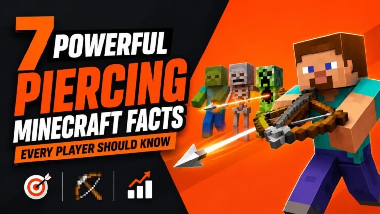 3D Minecraft gaming thumbnail showing “7 Powerful Piercing Minecraft Facts” with Steve aiming a crossbow at mobs on an orange-black background.