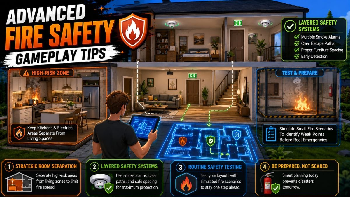 Advanced fire safety tips in Paralives showing strategic room separation, smoke alarms, and fire prevention house design.