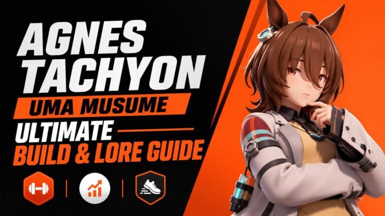 Agnes Tachyon Uma Musume Ultimate Build and Lore Guide featured image with stylized anime horse girl character, orange and black gaming design, character build tips, skills, stats, and lore guide for Uma Musume Pretty Derby.