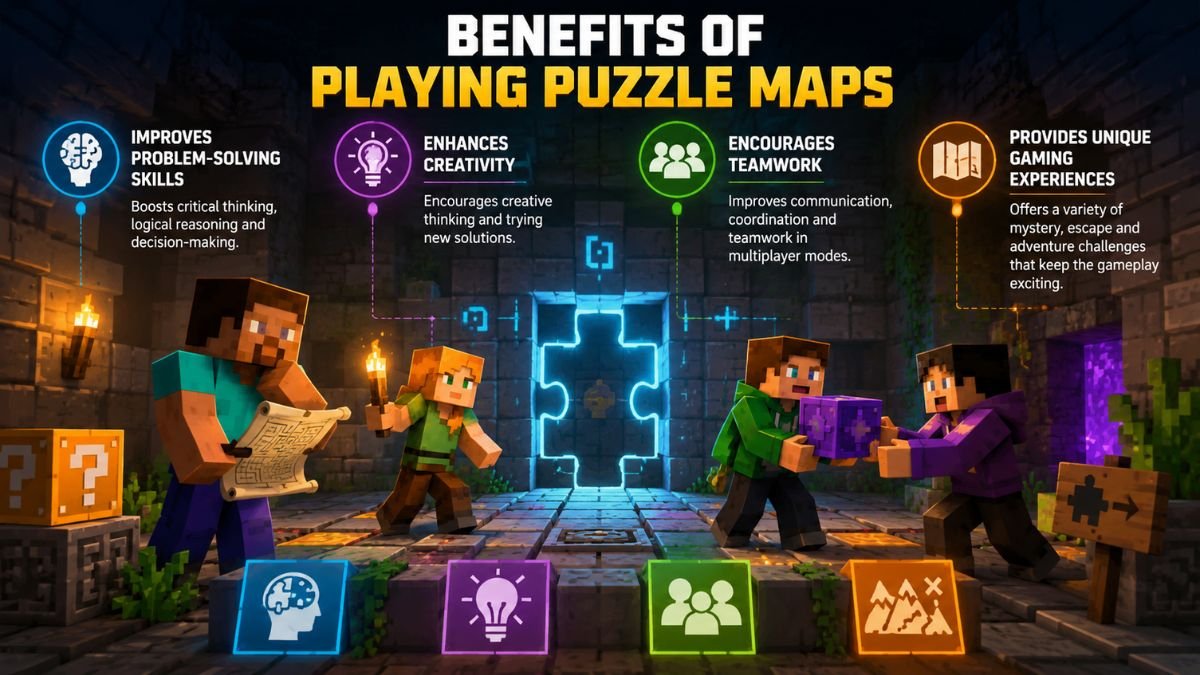 Puzzle game infographic showing players solving challenges together in a dungeon.