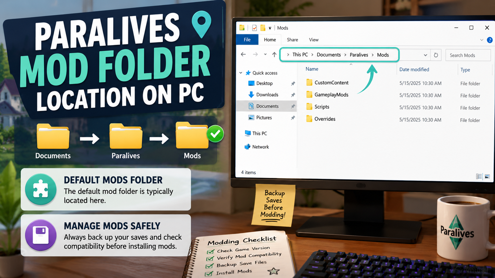Paralives mods folder location on Windows PC showing the Documents > Paralives > Mods directory path.