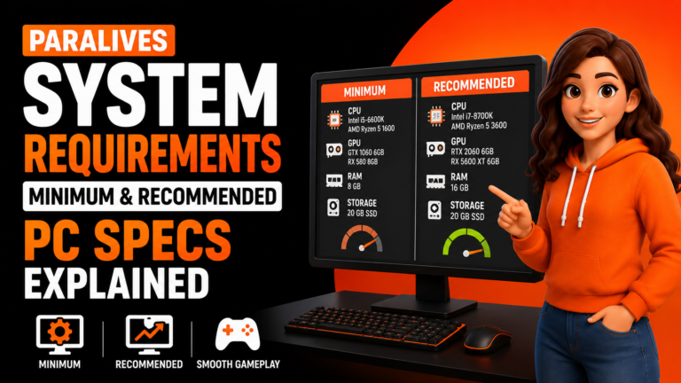 Paralives system requirements guide showing minimum and recommended PC specifications, including CPU, GPU, RAM, and storage requirements for smooth gameplay.