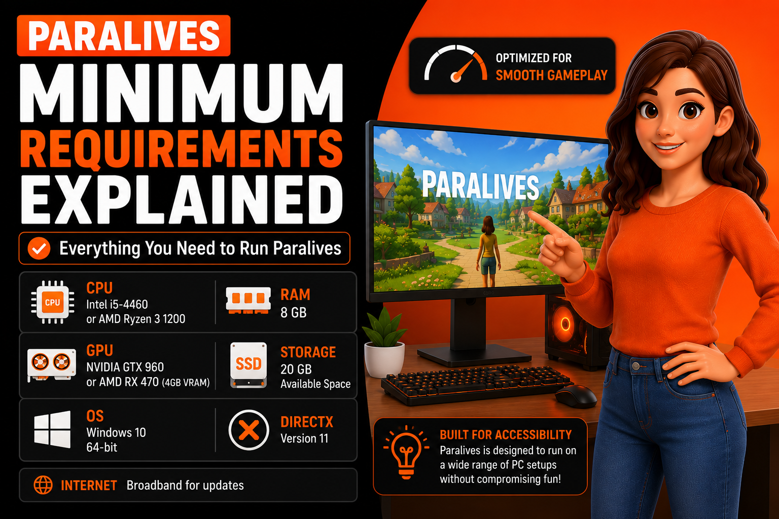 Paralives minimum system requirements infographic showing CPU, GPU, RAM, storage, DirectX 11, and Windows 10 specifications needed to run the game.