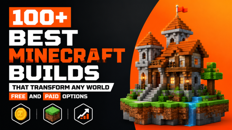 3D Minecraft castle build featured image with bold gaming blog title about 100+ best Minecraft builds, including free and paid world transformation ideas.