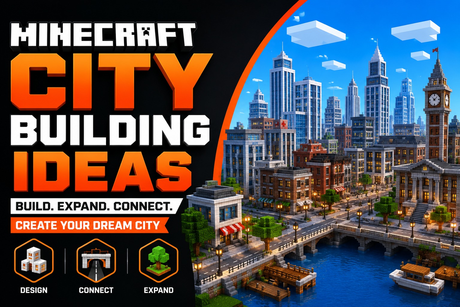 Minecraft city building ideas featuring a modern urban city with skyscrapers, roads, bridges, and connected districts designed for large-scale survival and creative Minecraft worlds.
