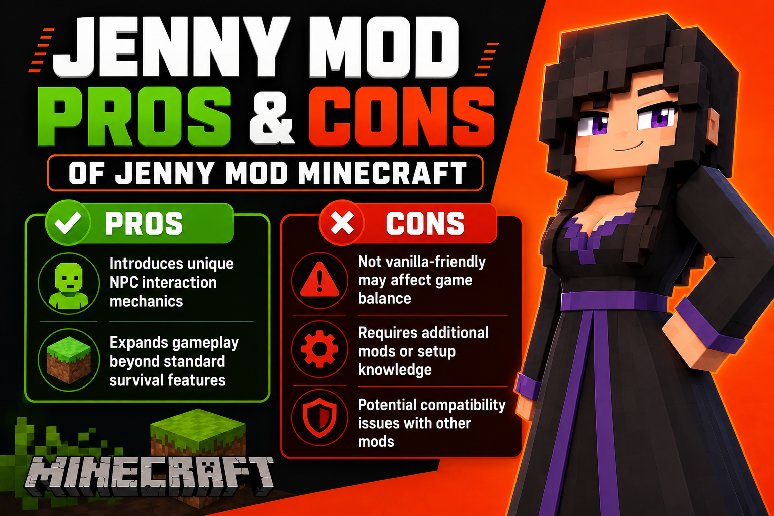 Pros and Cons of Jenny Mod Minecraft infographic showing gameplay advantages and disadvantages with Minecraft-style characters and icons.