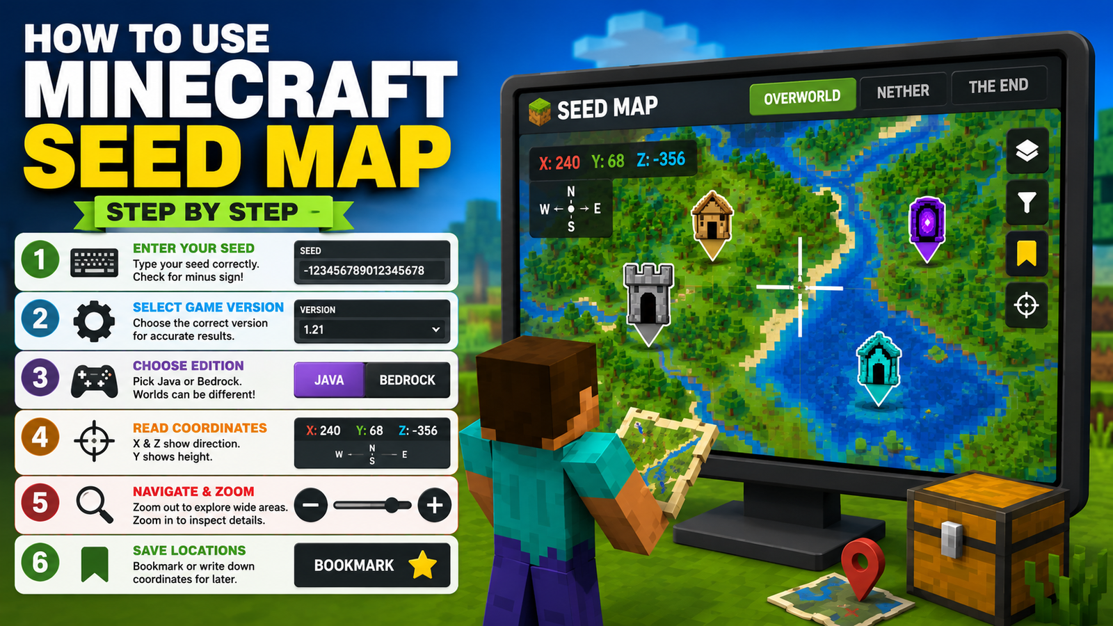 Minecraft player using a seed map to locate structures and coordinates with a step-by-step exploration guide.