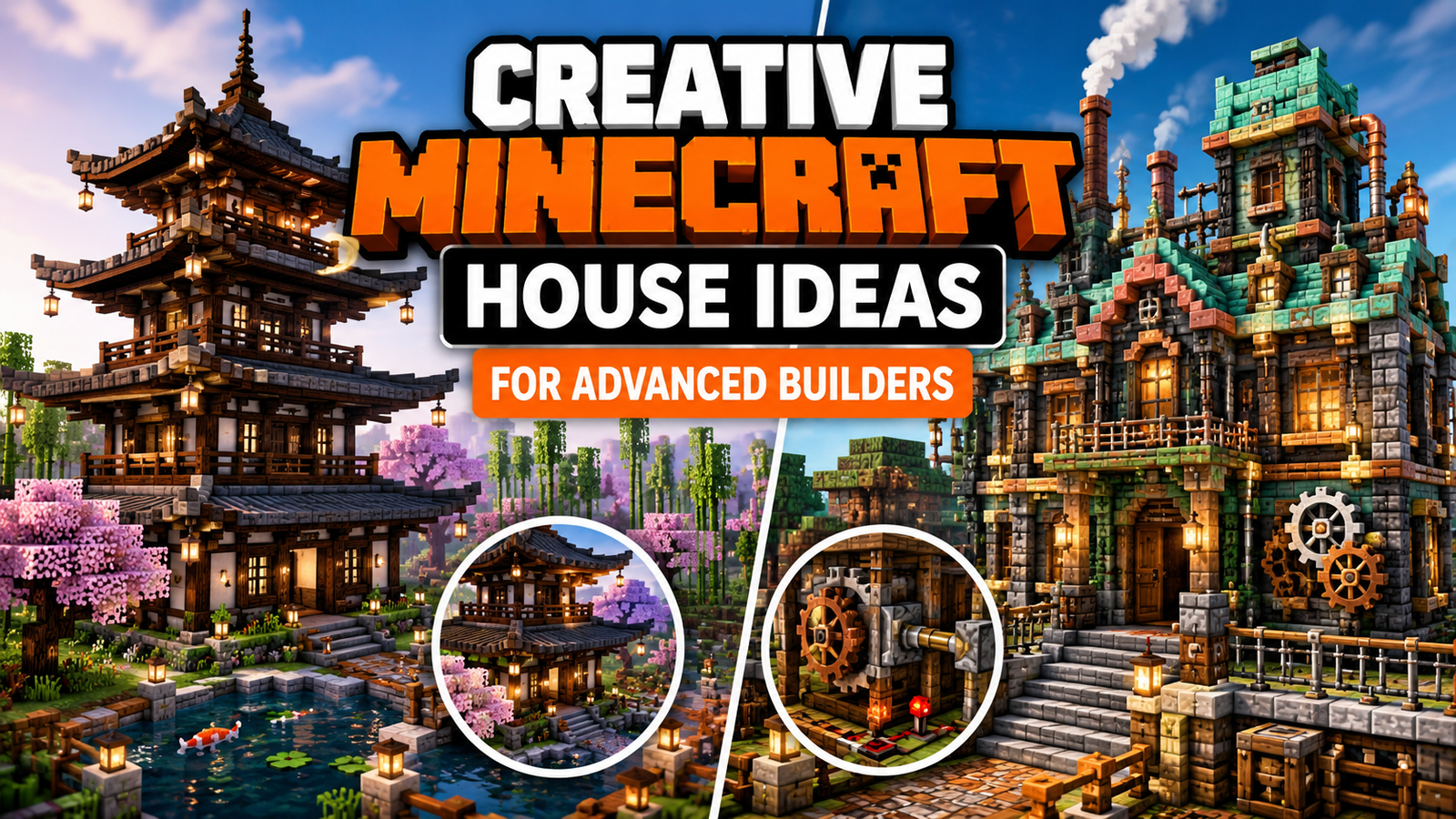 Minecraft creative advanced builds featuring Japanese pagoda house and steampunk mansion design with detailed 3D gaming illustration
